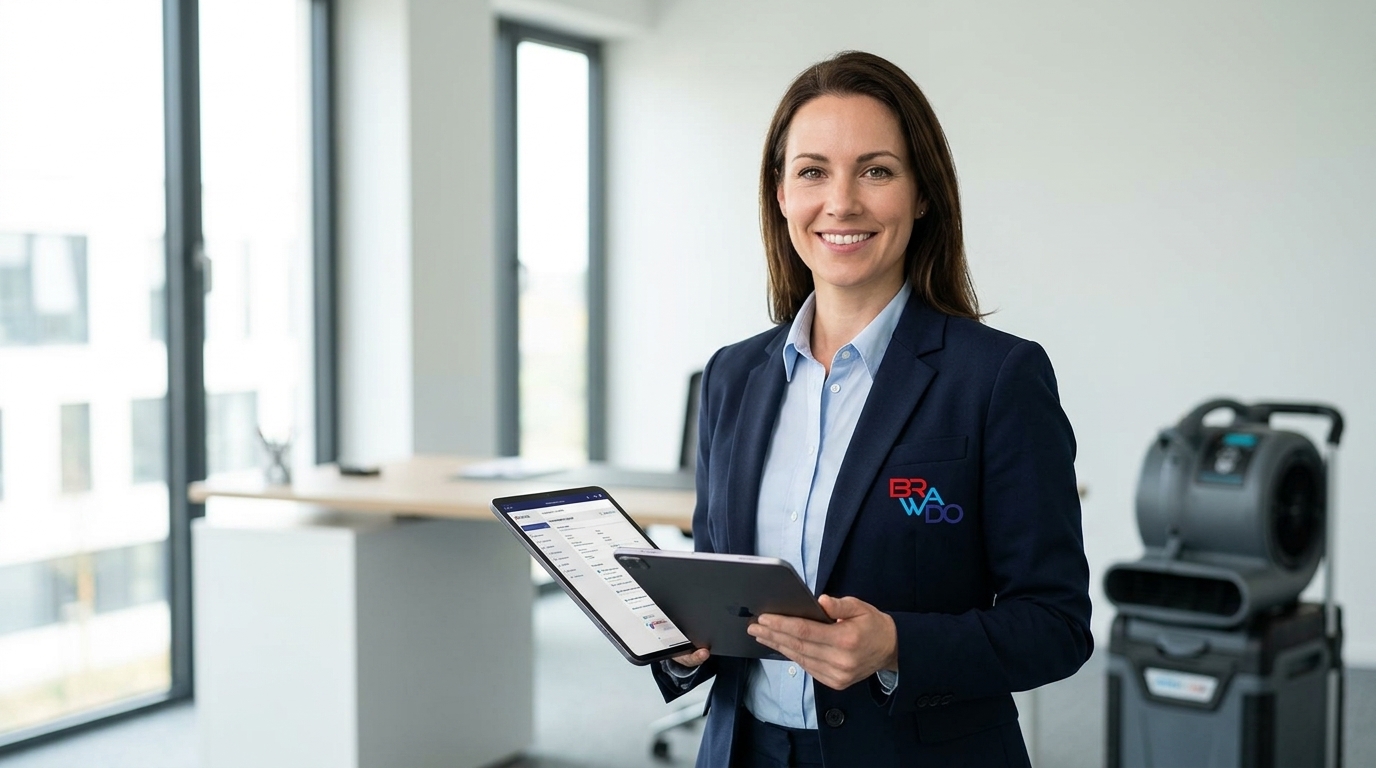 BRAWADO Expertin mit Tablet in technischer Arbeitsumgebung